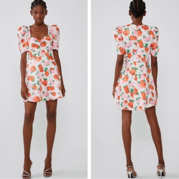 ZARA Blogger Favorite Puff Sleeve Polka Dot Floral Mini Dress Sweetheart Small - Picture 2 of 9